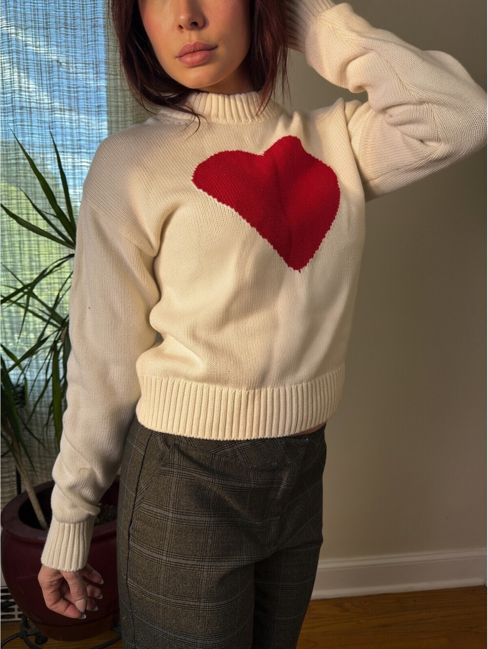 Gap Cream Red Heart Intarsia Cropped Sweater XS